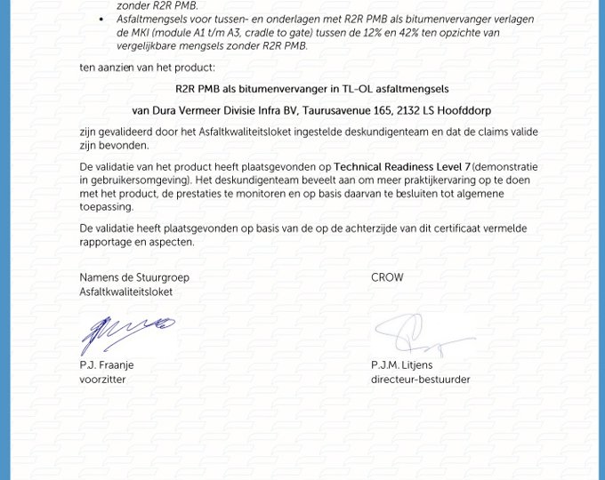 Asfaltkwaliteitsloket certificaat voor Dura Vermeer